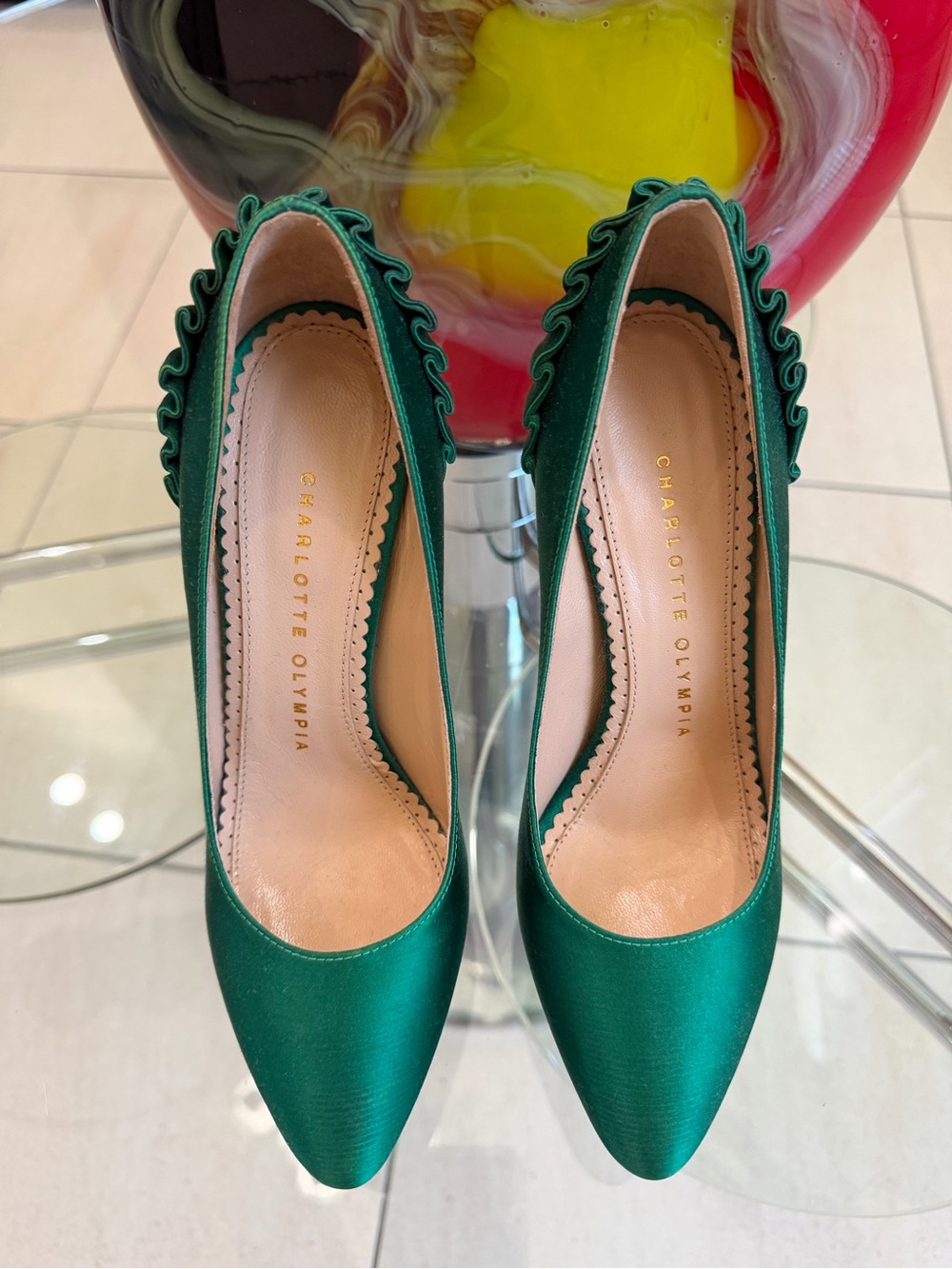 Charlotte Olympia Emerald Satin Pointed Pumps with Scalloped Trim